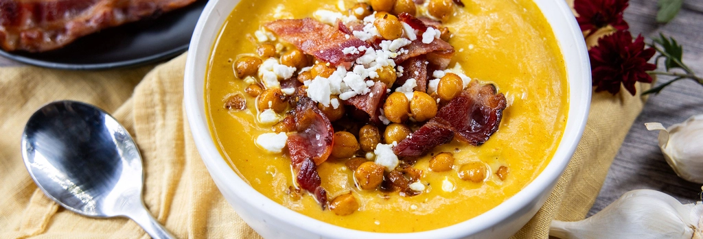 Spicy Pumpkin Bacon & Chickpea Soup