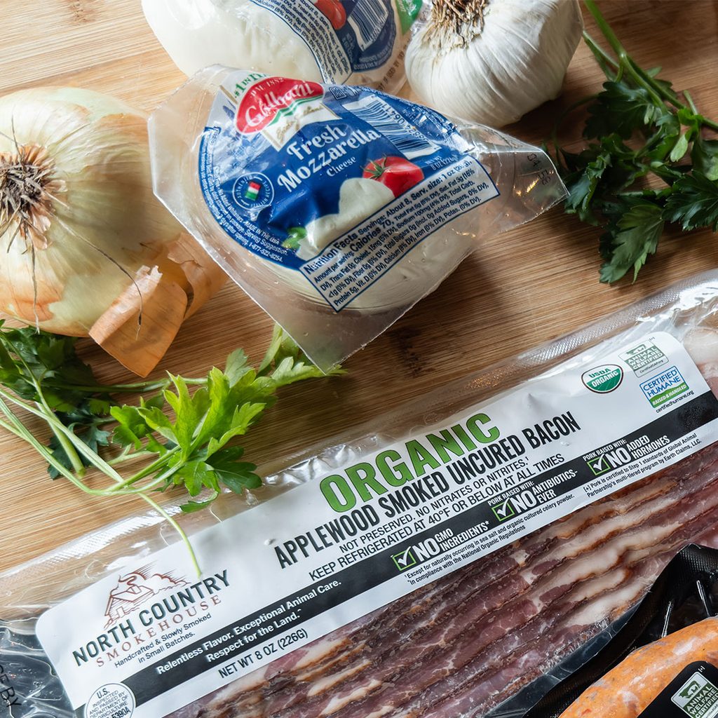 organic applewood smoked uncured bacon and mozzerlla with fresh parsley