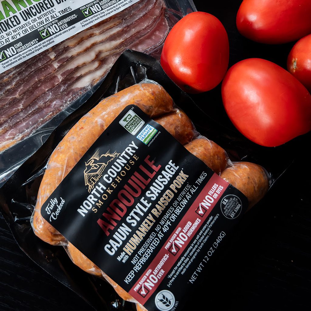 andouille cajun style sausages and roma tomatoes